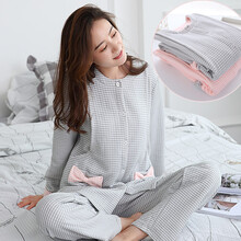 喜孕娇月子服秋冬纯棉孕妇睡衣秋季外出产后哺乳睡衣冬季夹层加厚产妇喂奶衣怀孕期家居服套装秋冬装 灰色 口袋蝴蝶结  加厚夹棉  L码