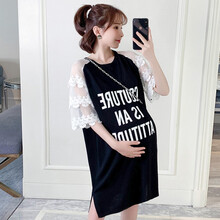孕妇装夏装外出2019新款蕾丝孕妇连衣裙中长款时尚潮妈孕妇裙子夏季宽松 黑色 均码