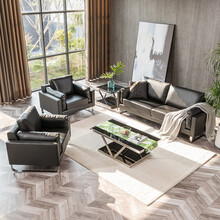 颐晨 真皮办公沙发茶几组合现代简约办公家具商务接待会客沙发单三人位3+1+1 色卡一块