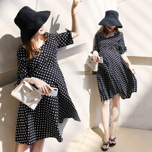 孕妇装夏装外出2019新款黑白风孕妇连衣裙中长款时尚潮妈孕妇裙子夏季宽松透气 黑色 XXL
