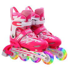 美洲狮（COUGAR）溜冰鞋成人轮滑鞋儿童套装初学可调码男女直排休闲旱冰鞋835 粉白鞋(八轮全闪光) L码37-41
