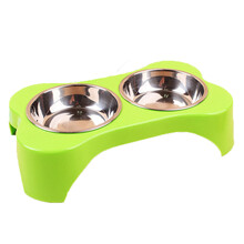 宠物仿瓷不锈钢印花狗碗 不锈钢狗碗双碗狗食盆猫碗猫盆食盘食碗狗粮碗 绿色 26*15*6cm