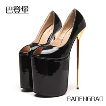 堡欧洲站鱼嘴高跟鞋女恨天高性感漆皮23cm高