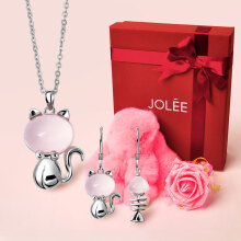 JOLEE 项链礼盒装猫吃鱼礼品玫瑰花套装天然粉水晶首饰品送女生礼物