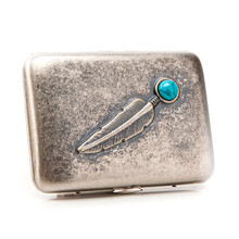 爱斗仕adous 烟盒16支装 个性金属香菸盒烟夹烟具 320古银绿松石羽毛 仿古银