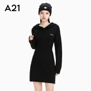 A21秋冬季新款女装休闲针织连衣裙短款修身连帽套头显瘦运动卫衣裙女 黑色 S