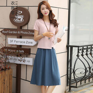 衣典零一 两件套套装裙2021夏装新款夏季民族风女装时尚气质休闲显瘦女士棉麻短袖连衣裙夏天a字裙子 皮粉 XXL