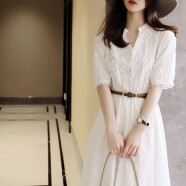 妍莉芬 连衣裙女装2024新款夏季韩版气质短袖时尚中长款裙子女夏天衣服 白色 M(建议95-105斤)