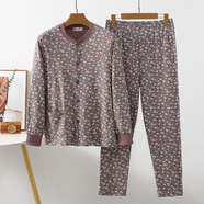 祁姿加厚女士睡衣纯棉开衫秋衣内衣系扣开襟中老年妈妈全棉散口裤家居 咖啡色 M 100 建议100-120斤