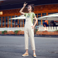 丹仔 牛仔背带裤女泫雅风2020年新款直筒韩版宽松可爱复古港味减龄日系 米白色 S