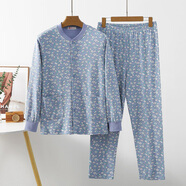 祁姿加厚女士睡衣纯棉开衫秋衣内衣系扣开襟中老年妈妈全棉散口裤家居 蓝色 M 100 建议100-120斤