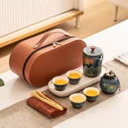 瓷牌茗茶具（cipaiming teaset）旅行茶具套装户外便携式陶瓷快客杯一壶四杯办公室功夫茶壶泡茶 蓝古茗1壶4杯+罐盘+棕皮包+巾夹