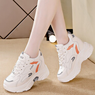 牌断码真皮老爹鞋女年秋冬季新款厚底透气百搭休闲运 866-1米色皮面8厘米内增高款 38