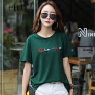 PHJ 韩版短袖t恤女夏季新款圆领绣花半袖体恤中年女士宽松打底上衣 绿色 2XL（150-170斤）