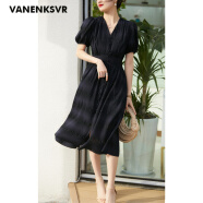 梵恩萨（VANENKSVR）轻奢品牌V领连衣裙 经典好看的特种机定织立体提花复古条纹 桑蚕丝+棉面料 藏青色. S
