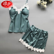 浪莎（LangSha）大码舒适女夏季性感吊带短裤性感丝滑睡衣两件套家居睡衣带胸垫 绿色 L 100-110斤