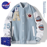 NASA BASE官方男装潮牌联名夹克男女款宽松学生外套情侣衫字母飞行员棒球服 MD-22129-浅蓝色（春秋款） XL（建议130-150斤）