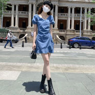 【减龄气质】荷叶边牛仔连衣裙女夏季薄款大码鱼尾裙收腰显瘦短裙 蓝色泡泡袖牛仔连衣短裙单件 XL