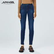 阿玛施（AMASS）新款高腰弹力薄绒修身休闲牛仔小脚裤女5100241 牛仔-加绒 S(2码)