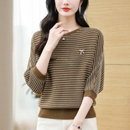 歌米拉冰丝T恤女七分袖针织上衣新款夏季新款宽松蝙蝠衫薄款条纹 咖色 L 【建议110-120斤】