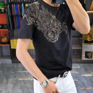 Boy Bees潮流时尚男士大码夏季短袖打底衫烫钻龙个性圆领弹力透气半袖T恤 黑色 XL（120-140斤）