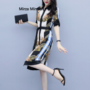 Mirza Mirror连衣裙2023新款夏季显瘦气质名媛衬衫裙女中长款雪纺印花流行裙子 图片色 S