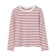 假日概念棉条纹长袖t恤女修身2025早春新款圆领内搭棉横条打底衫上衣 白底红条 M