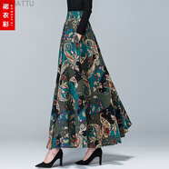 OVMATTU香港潮牌 新品秋季新款2021百搭休闲女民族风棉麻长裙复古半身裙高腰大码A字裙 气质绿腰花 2XL