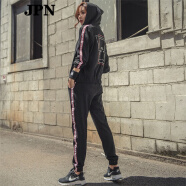 JPN休闲运动套装女潮牌女装洋气运动服新款时尚健身房宽松跑步运动服 黑色上衣+黑色裤子 S