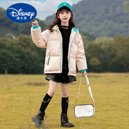 迪士尼女童羽绒棉服新款儿童韩版洋气轻薄连帽免洗加厚短款外套 米白色 120