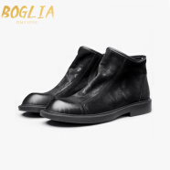 伯格利亚（BOGLIA）品牌冬季复古马丁靴男新款英伦风头层牛皮短靴加绒厚底男靴 黑色磨砂皮 37
