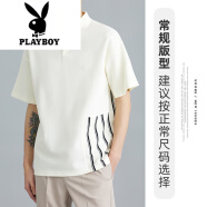 花花公子（PLAYBOY ESTABLISHED 1953）UOOHE2023新款夏季条纹拼接POLO男衫男短袖青年半袖翻领T恤男款上 米黄色 2XL