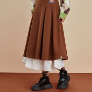 B.Duck小黄鸭设计感气质双裙摆长裙秋冬甜美学院风高腰半身裙 棕色 XS