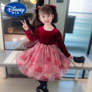 迪士尼（Disney）女童公主裙2023秋季新款大童洋气韩版金丝绒蝴蝶结网纱蓬蓬礼服裙 酒红色 90