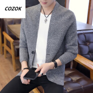 COZOK 2022新品春秋季男装衣服 条纹针织衫开衫青年毛衣 薄款立领外套 灰色 XL