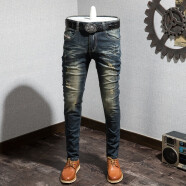 索皇（suohuang）男士牛仔裤修身复古做旧小脚裤街头潮流朋克风嘻哈个性时尚百搭 802深蓝复古色 28码-推荐85-110斤修身