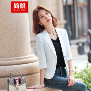 小西装女棉麻夏季新款韩版休闲外套女七分袖短款亚麻小个子西服 中袖白色小西装 2XL（建议：120-130斤）