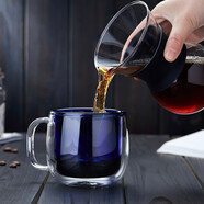 美斯尼 咖啡杯玻璃杯双层水杯泡茶玻璃办公杯子果汁杯牛奶杯加厚带把手 蓝色双柱杯 300ml 1只