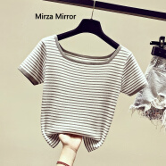 Mirza Mirror条纹冰丝短袖T恤夏季短款女装新款一字肩设计感上衣针织衫 灰色 S