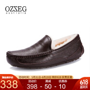OZZEG澳洲真皮鞋面豆豆鞋男鞋冬季皮毛一体保暖休闲棉鞋牛皮加绒驾车鞋 褐色 40