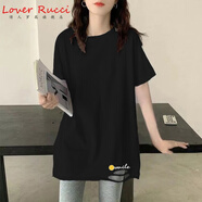 LOVER RUCCI2026夏纯棉破洞白色遮臀长款白t恤中长款短袖女遮屁股宽松长t上衣 黑色AA0129 S 80斤-115斤