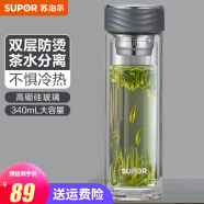 苏泊尔（SUPOR） 双层玻璃杯男女士家用商务泡茶车载水杯隔热茶杯透明杯子 灰黑色 340ML