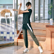 瑜味 瑜伽服女夏季网红韩版显瘦速干衣透气训练跑步健身房运动套装女 黑色短袖+长裤 L（建议105-118斤）