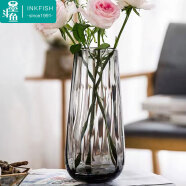 墨斗鱼玻璃花瓶假花仿真花插花摆件富贵竹水培植物灰色简意条纹花瓶1601