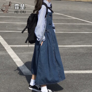 牛仔背带裙女日系减龄学生长裙脚踝仙气森系文艺复古小个子连衣裙 深蓝色 S