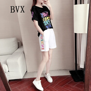 BVX运动套装女韩版宽松显瘦减龄洋气T恤时尚夏季曳步舞短袖两件套潮 黑色短袖+白色短裤 L