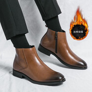 艺佰健秋冬新款男士高帮皮鞋男英伦马丁靴商务休闲靴子男拉链时尚潮流短靴尖头男鞋加绒保暖棉鞋 棕色棉鞋 40