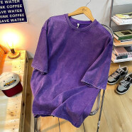 古莱登水洗做旧400g重磅纯棉t恤男士短袖宽松大码潮牌oversize半袖上衣 紫色 M