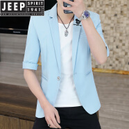 吉普（JEEP）夏季夏天韩版宽松型薄款短袖小西装男士七分袖休闲单西服半袖外套 D952蓝色 165/M 适合90斤左右