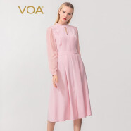 VOA36姆米重磅丝绸纯色立领透视长袖中腰弹力大摆桑蚕丝连衣裙 A6325 流光浅粉（F21） 155/S